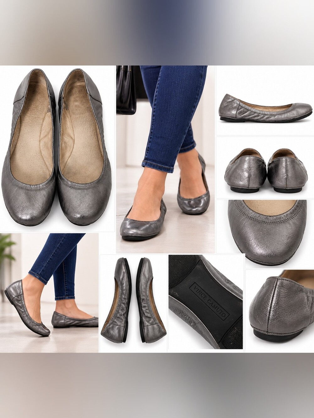 Vince Camuto Metallic Pewter Leather Ballet Flats